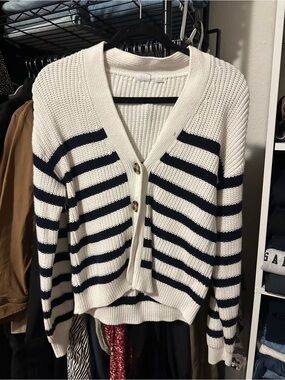 GAP White & Navy Striped V-Neck Button Cardigan